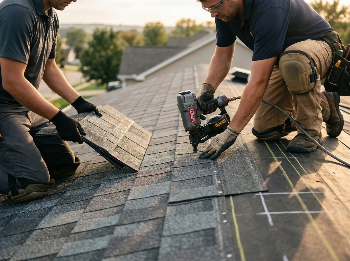 Professional roofer working on a residential roof in Kenner